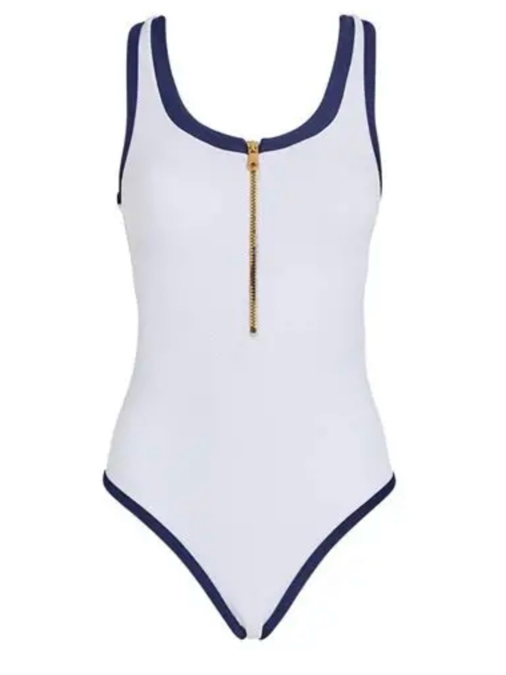 Heidi Klein White One-Piece Swimsuit with Navy Trim and Gold Zipper NWT